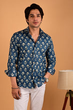 Load image into Gallery viewer, Blue Handblock Printed Cotton Full Sleeve Shirt