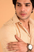 Load image into Gallery viewer, Yellow Stripes Handblock Printed Cotton Full Sleeve Shirt