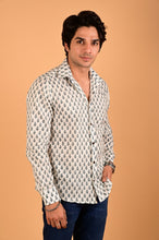 Load image into Gallery viewer, White Blue Handblock Printed Cotton Full Sleeve Shirt