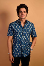 Load image into Gallery viewer, Blue Handblock Printed Cotton Half Sleeve Shirt