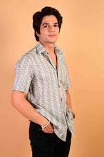 Load image into Gallery viewer, Grey Floral Bel Handblock Printed Cotton Half Sleeve Shirt