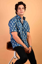 Load image into Gallery viewer, Blue Handblock Printed Cotton Half Sleeve Shirt