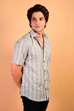 Load image into Gallery viewer, Grey Floral Bel Handblock Printed Cotton Half Sleeve Shirt