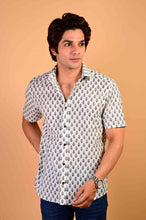 Load image into Gallery viewer, White Blue Handblock Printed Cotton Half Sleeve Shirt