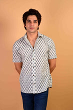 Load image into Gallery viewer, White Blue Handblock Printed Cotton Half Sleeve Shirt