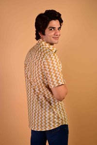 Mustard Wave Handblock Printed Cotton Half Sleeve Shirt