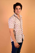 Load image into Gallery viewer, White Handblock Printed Cotton Half Sleeve Shirt