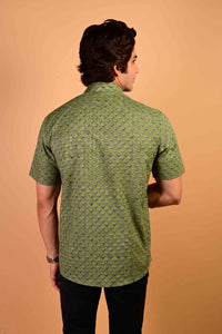 Green Handblock Printed Cotton Half Sleeve Shirt