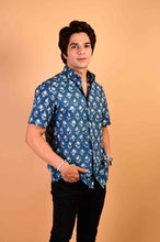 Load image into Gallery viewer, Blue Handblock Printed Cotton Half Sleeve Shirt