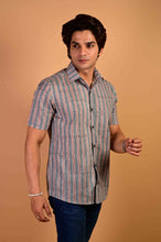 Load image into Gallery viewer, Blue Parcha Handblock Printed Cotton Half Sleeve Shirt