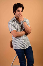 Load image into Gallery viewer, White Blue Handblock Printed Cotton Half Sleeve Shirt