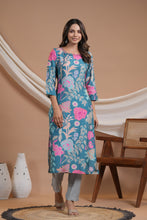 Load image into Gallery viewer, Blue Floral Kurta Set With Detailing

