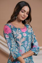 Load image into Gallery viewer, Blue Floral Kurta Set With Detailing
