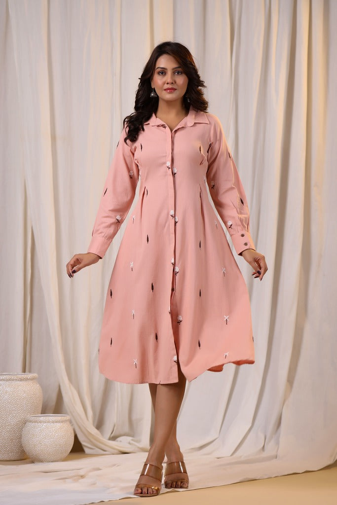 Pink Embroidered Shirt Dress