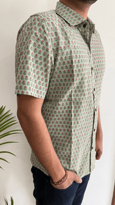 Green Gadh Print Floral Bootaa Half Sleeve Shirt - Bootaa By Textorium