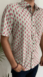 Green Gadh Print Floral Bootaa Half Sleeve Shirt(1) - Bootaa By Textorium