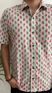 Green Gadh Print Floral Bootaa Half Sleeve Shirt(1) - Bootaa By Textorium