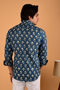 Blue Handblock Printed Cotton Full Sleeve Shirt
