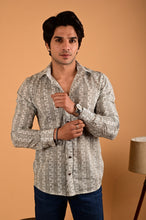 Load image into Gallery viewer, Grey Floral Bel Handblock Printed Cotton Full Sleeve Shirt
