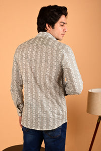 Grey Floral Bel Handblock Printed Cotton Full Sleeve Shirt