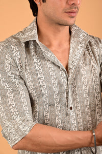 Grey Floral Bel Handblock Printed Cotton Full Sleeve Shirt