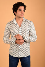Load image into Gallery viewer, White Blue Handblock Printed Cotton Full Sleeve Shirt

