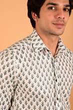 Load image into Gallery viewer, White Blue Handblock Printed Cotton Full Sleeve Shirt
