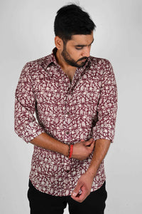 Handblock Printed Maroon Jaal Shirt - Bootaa By Textorium