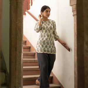 Block Printed Chanderi Top With Pants - Bootaa By Textorium