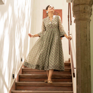 Block Printed Chanderi Dress With Mirror Work - Bootaa By Textorium