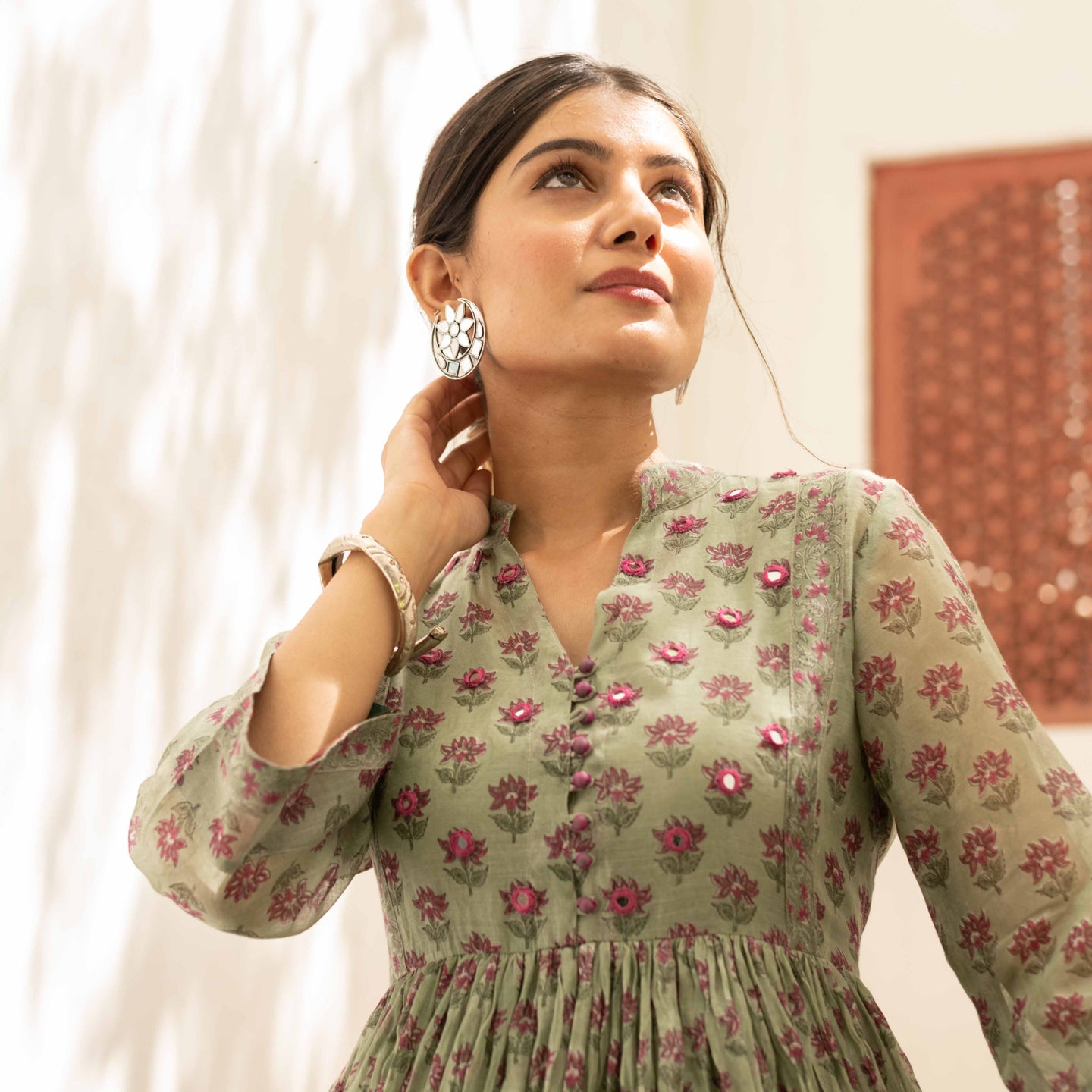Block Printed Chanderi Dress With Mirror Work - Bootaa By Textorium