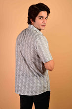 Load image into Gallery viewer, Grey Floral Bel Handblock Printed Cotton Half Sleeve Shirt
