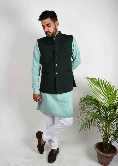 Bottle Green Self Quilted Nehru Jacket - Bootaa By Textorium