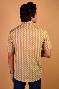 Mustard Wave Handblock Printed Cotton Half Sleeve Shirt