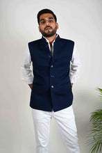 Load image into Gallery viewer, Navy Blue Self Quilted Nehru Jacket - Bootaa By Textorium
