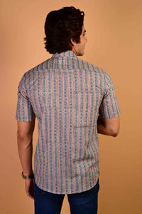 Blue Parcha Handblock Printed Cotton Half Sleeve Shirt