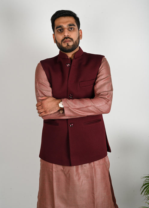 Maroon Self Quilted Nehru Jacket - Bootaa By Textorium