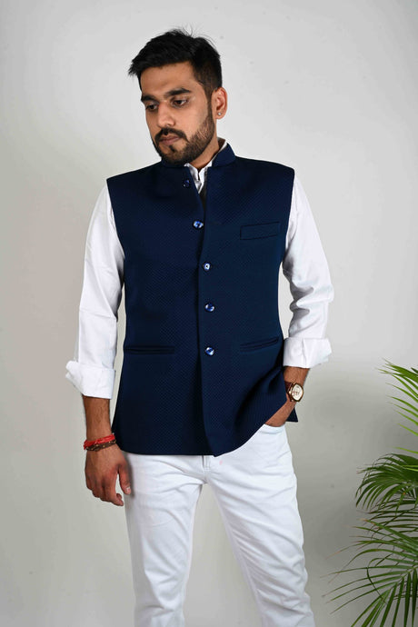 Navy Blue Self Quilted Nehru Jacket - Bootaa By Textorium